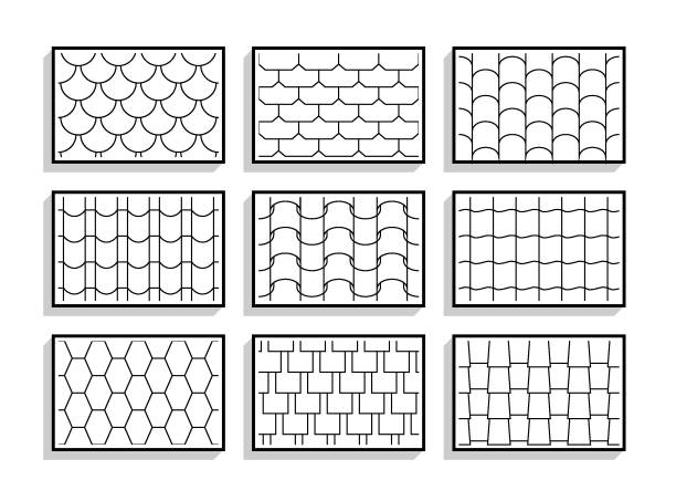 ilustrações, clipart, desenhos animados e ícones de conjunto de texturas de telhas do telhado sem emenda. padrões gráficos preto e branco de materiais arquitectónicos - roof tile