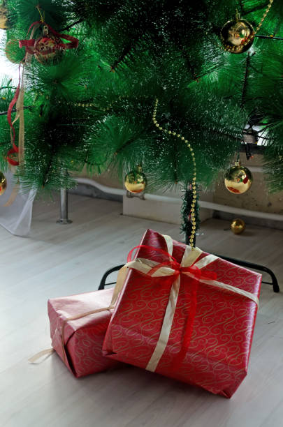 istock Wrapped present boxes closeup and beautiful decorated christmas tree with ornaments 1063032156