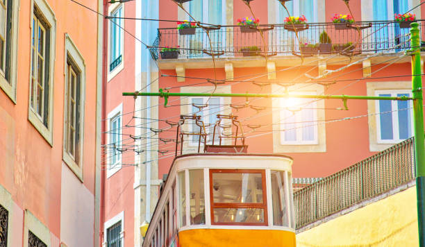 colorful lisbon trams on the streets of lisbon in the old city center - lisbon square landscape imagens e fotografias de stock