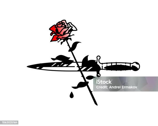 Tattoo Of A Dagger And Roses Vector Vintage Tattoo In The Style Of The American Old School Image Is Isolated On White Background Contour Drawing Fashionable Tattoo For The Mafia Love And Crime Stock Illustration - Download Image Now