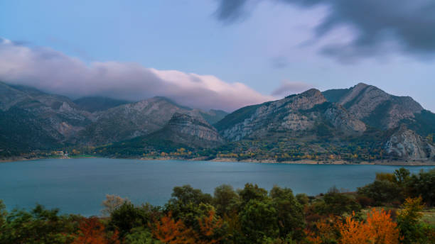Lake and Pyrenees mountains in Twilight. Oviedo, Spain