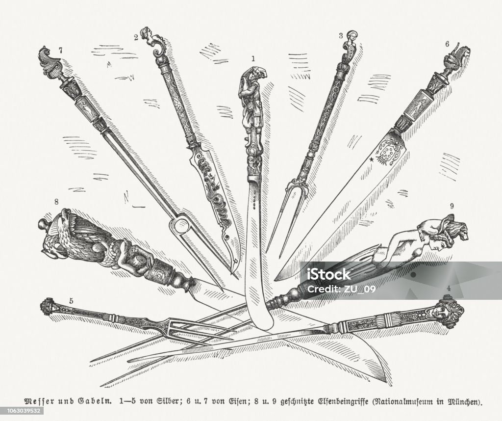 Silverware, knives and forks (Renaissance), wood engraving, published in 1897 Silverware, knives and forks from the Renaissance. Wood engraving, published in 1897. Fork stock illustration