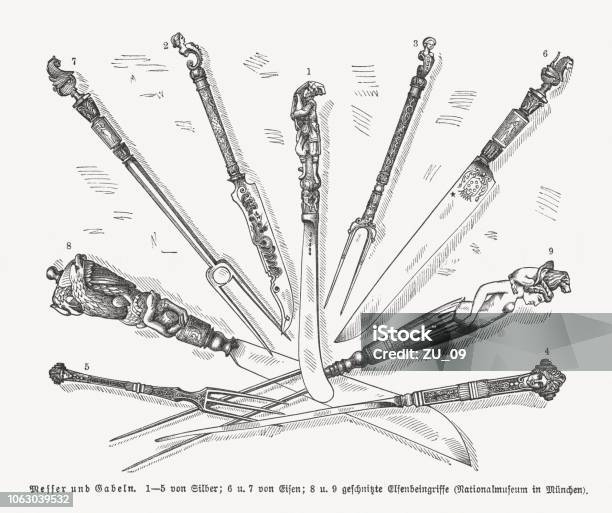 Silverware Knives And Forks Wood Engraving Published In 1897 Stock Illustration - Download Image Now