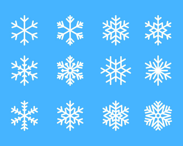 눈송이 겨울 흰색 배경 벡터 일러스트 레이 션에 블루 격리 아이콘 실루엣의 설정 - ice crystal 이미지 stock illustrations