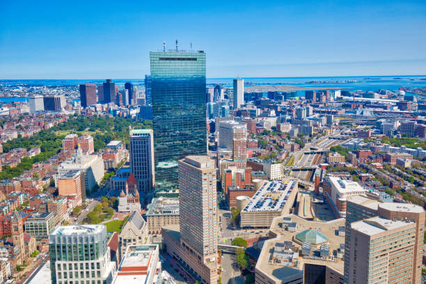 boston panoramic view from prudential tower observation deck - boston charles river skyline massachusetts imagens e fotografias de stock