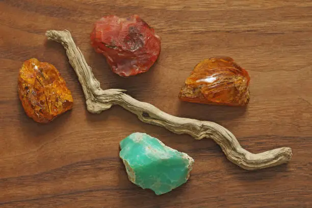 Chrysoprase, carnelian, amber and dry tree. Collection of natural rough stones on a natural wooden background made of black American walnut. Feng Shui, Zen, relaxation and balance.