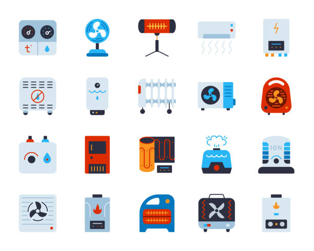 Hvac simple flat color icons vector set Hvac flat icons set. Web sign kit of climatic equipment. Fan pictogram collection includes hygrometer, humidifier, convector. Simple HVACs cartoon colorful icon symbol on white. Vector Illustration electric heater stock illustrations