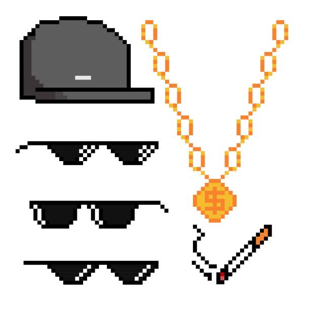 Gangster pixelated attributes. Boss or gangster pixelated sunglasses, gold chain, cap and cigarette. Thug attributes. Vector illustration. rap stock illustrations