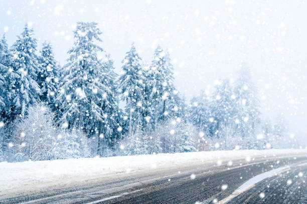 istock Magical winter road, snow covered trees and falling snow 1063065056