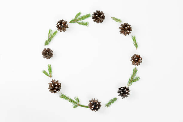 istock Christmas composition. Round frame of fir branches, pine cones on white background. Flat lay, top view, copy space, 1063067770