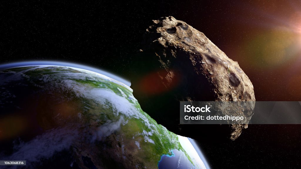 asteroid approaching planet Earth, meteorite in orbit before impact meteorite from outer space, falling toward planet Earth, dramatic science fiction scene Asteroid Stock Photo