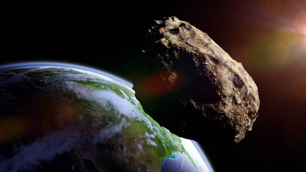 asteroid approaching planet Earth, meteorite in orbit before impact meteorite from outer space, falling toward planet Earth, dramatic science fiction scene asteroid stock pictures, royalty-free photos & images