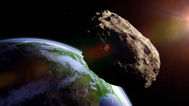 asteroid approaching planet Earth, meteorite in orbit before impact meteorite from outer space, falling toward planet Earth, dramatic science fiction scene meteor stock pictures, royalty-free photos & images