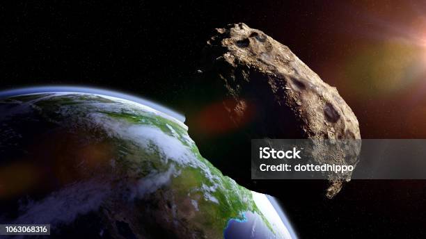 Asteroid Approaching Planet Earth Meteorite In Orbit Before Impact Stock Photo - Download Image Now