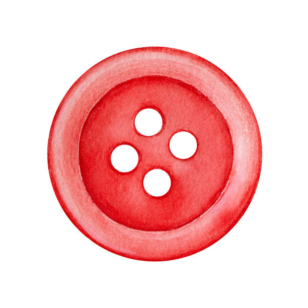 Bright red flat sew-through button with four holes. Classic sewing item, small handiwork detail. One single object, top view. Hand painted water color graphic drawing on white, cutout clip art element. clothing design studio stock illustrations