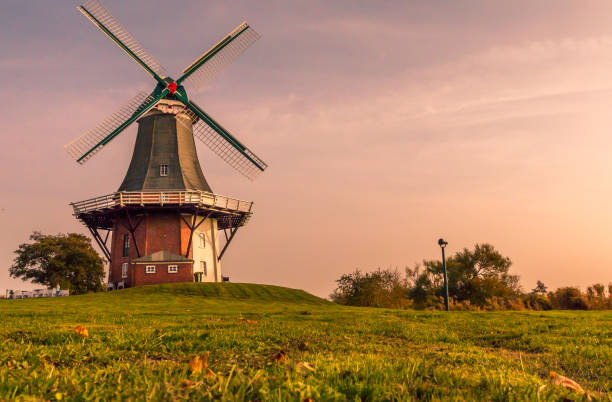 View of several windmills in northern Germany at sunset.
