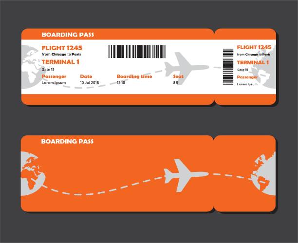 Vector airline boarding pass. Flat design of airline travel boarding pass two tickets. Vector template or mock up of two tickets isolated on grey background. boarding pass stock illustrations