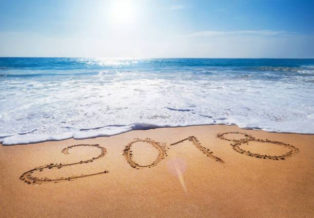 istock Old Year 2018 expires concept sandy tropical . ocean beach lettering concept image 1063077890