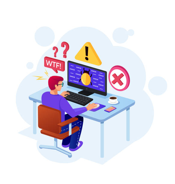 User man programmer character receive error message computer bug virus on pc monitor screen. Online personal data protection concept. Vector flat cartoon isolated graphic design illustration User man programmer character receive error message computer bug virus on pc monitor screen. Online personal data protection concept. Vector flat cartoon isolated graphic design crash site stock illustrations