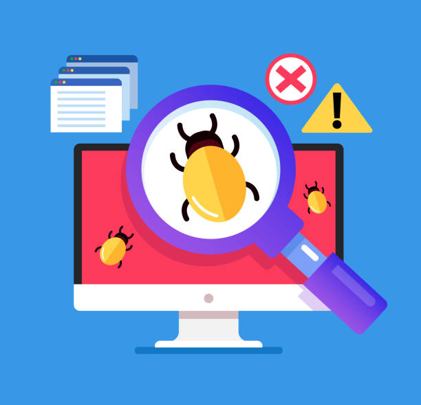 ilustrações, clipart, desenhos animados e ícones de bug de malware buscando de lupa. conceito de vírus do computador internet erro. desenhos animados plano vector isolaram ilustração design gráfico - virus