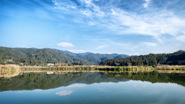 istock Peaceful nature landscape of blue sky and water reflection 1063079832