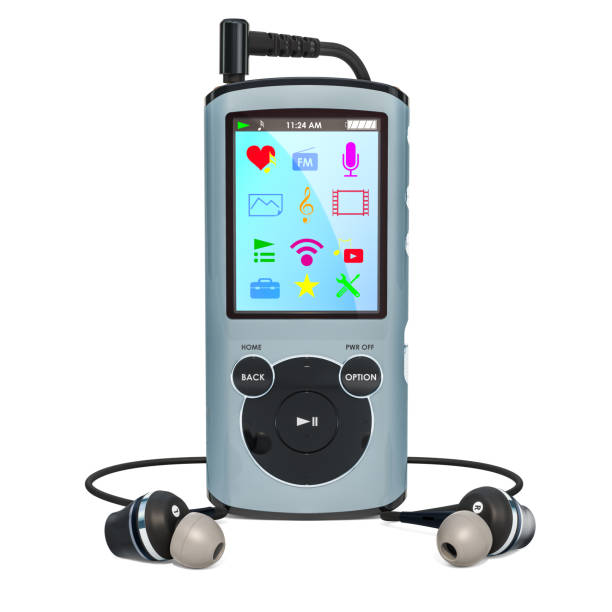 Berry, Australia - June 28, 2016: An Apple iPod Shuffle, first generation, with Apple Earpods attached, on a plain blue background.