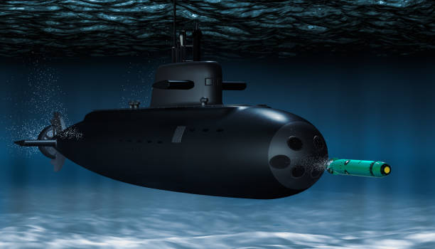 istock Submarine with torpedo underwater, 3D rendering 1063081524