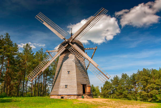 Original windmill from 19th century, dutch type The Folk Architecture Museum and Ethnographic Park in Olsztynek, Poland. stock photo