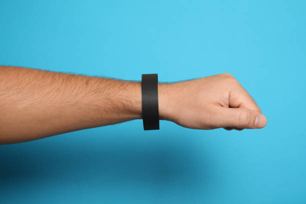 istock Identification concert black bracelet template, hand hospital security wristband mockup 1063084090