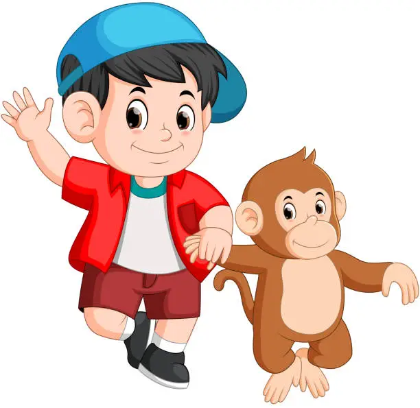 Vector illustration of little boy is walking with a monkey