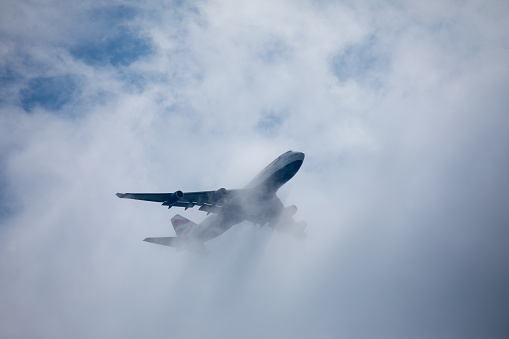 East Hills, NY, USA - May 20, 2018:  British Airways 747 aircraft approaching JFK International Airport in New York City.