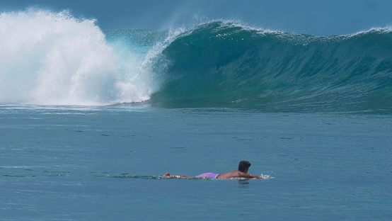 CLOSE UP: Young male surfer lies on his surfboard and watches waves roll in towards tropical island. Surfboarder paddling towards a large barrel wave. Tourist on active holiday getting ready to surf.
