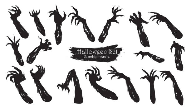 ilustraciones, imágenes clip art, dibujos animados e iconos de stock de colección de silueta de vector de halloween aislado sobre fondo blanco de las manos de zombie spooky. elemento de miedo, encantada y espeluznante del brazo - zombie halloween cemetery human hand