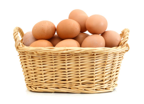 istock Raw eggs isolated in basket on white background 1063116170