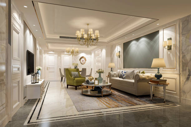 istock 3d rendering luxury and modern living room and dining room 1063132222