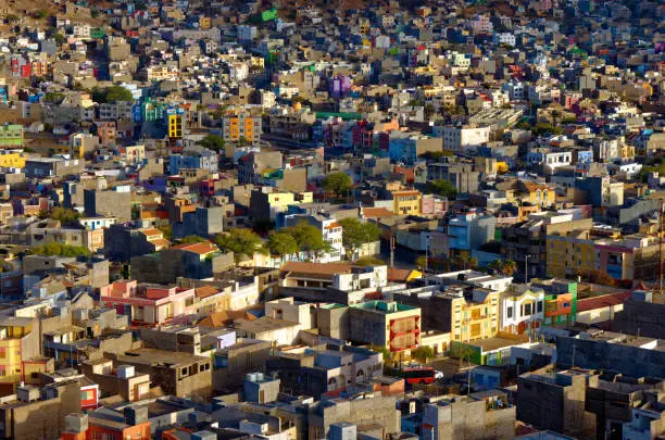 Picture shows the crowded city of Mindelo, Sao Vicente. It was taken shortly before sunset