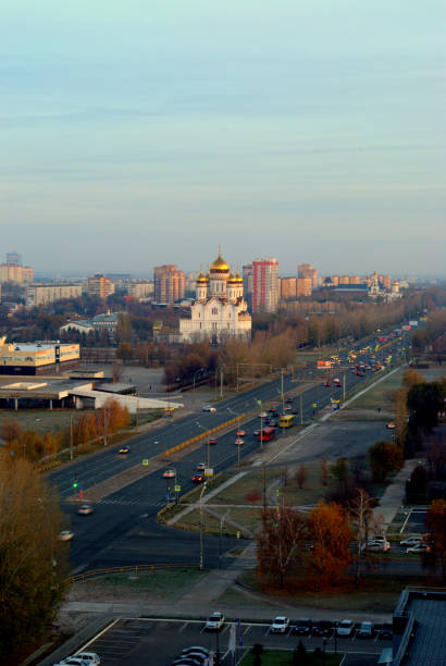 Early morning overlooking the Transfiguration Cathedral on Yubileinaya street in the city of Togliatti