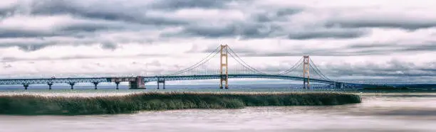 The majestic Mackinac Bridge, spanning nearly five miles (8km) between Michigan's upper and lower peninsulas, is an icon of the state of Michigan and a symbol of the Great Lakes. Panoramic background with copy space. Vintage look.