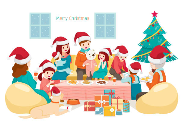 앉아, 이야기, 크리스마스 트리와 선물 크리스마스 파티를 집에서 먹고 큰 행복 한 가족 - santa claus christmas cartoon traditional culture stock illustrations