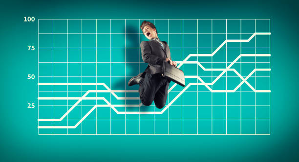 business man jumping on a simple background with a graph painted on it. the concept of progress. - men businessman jumping levitation imagens e fotografias de stock