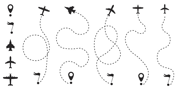 Airplane route in dotted line shape. A route from a line in the form of points. Travel concept vector illustration.