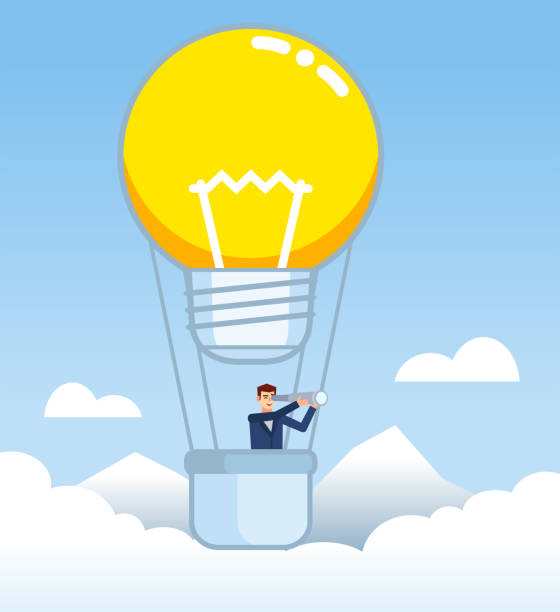 istock Businessman flying in big idea formed balloon. Business direction, achievement concept 1063180278