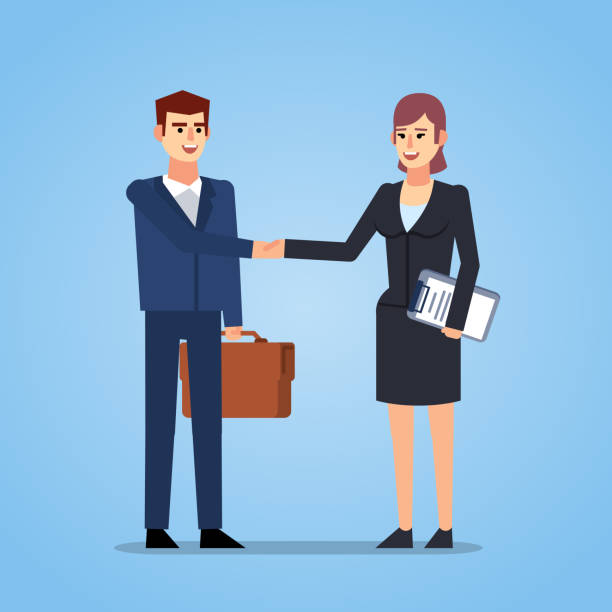 Business man and woman shows handshake. Gender equality in business Flat design vector illustration gender equality at work stock illustrations