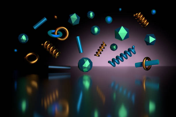 istock Colorful shiny primitives flying over dark reflective surface 1063184896