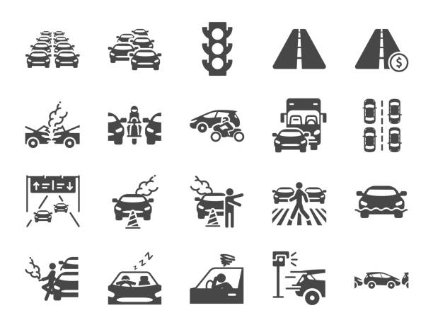 illustrations, cliparts, dessins animés et icônes de traffic jam jeu d’icônes. icônes inclus congestion, transport, voiture cassée, route et plus. - interstate