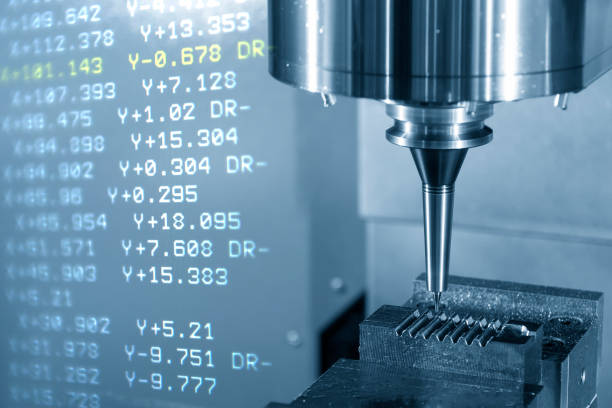 istock The abstract scene of  CNC milling machine and the G-code data cutting the mold part. 1063204524