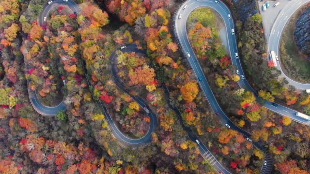 Aerial view with lockdown of 2nd Irohazaka winding road in autumn season, Nikko, Japan.