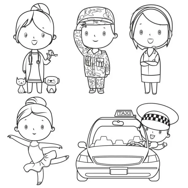 Vector illustration of Coloring book, professions kids set