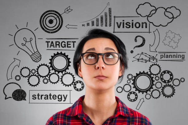 istock Young Woman Looking Up Strategy Sketches 1063221660