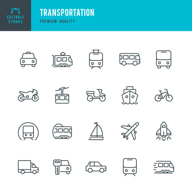 ilustraciones, imágenes clip art, dibujos animados e iconos de stock de transporte - conjunto de iconos de vector de línea - on bus